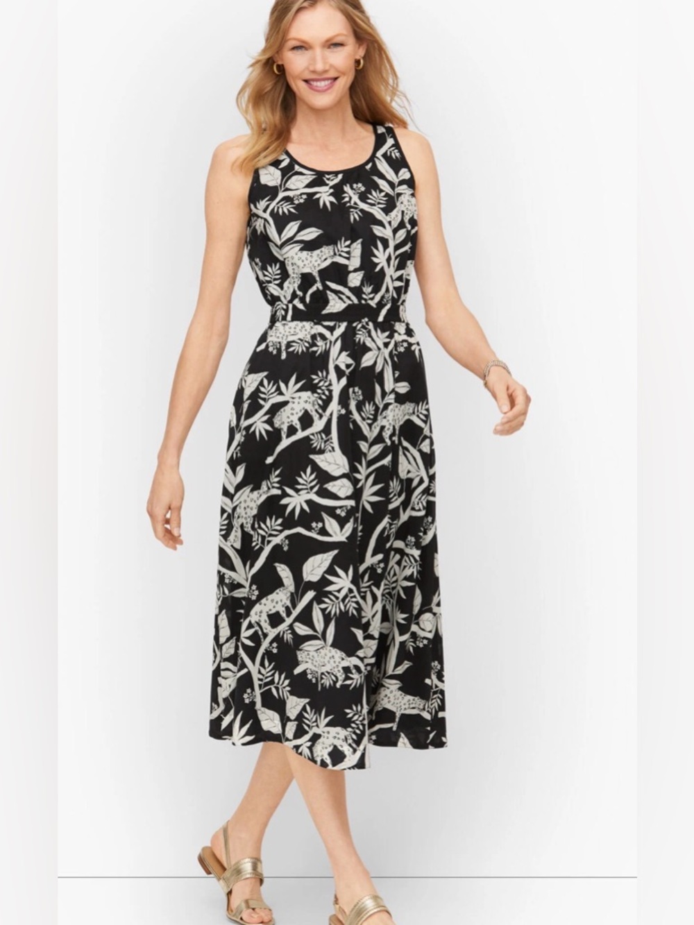 Talbots Sleeveless Black Midi Dress with White Botanical Print